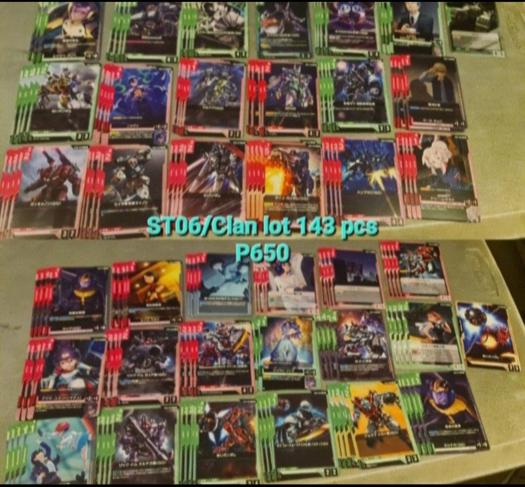 Gundam Lots (Category: Raw Singles) located in San Pedro. Submitted by alecRM (Listing ID 1464895211, Image 3). Description: ST01/White Base Lot 91 cards 400 Unicorn Earth Fed 78 cards P500 Titans lot 90 cards P400 ST04/Zaft-Minerva lot 110 cards P600 ST07/Celestial Being lot 108 cards P500 ST06/Clan/Gquxx lot 143 cards P650 Take all 6 sets (620 cards) P1300 Rfs extras and unwanted hits Payment Method: GCash/Gotyme/BDO Shipping at Buyer's Expense
