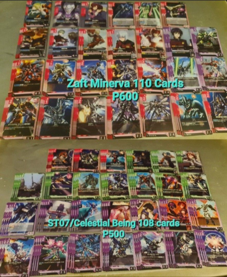 Gundam Lots (Category: Raw Singles) located in San Pedro. Submitted by alecRM (Listing ID 1464895211, Image 2). Description: ST01/White Base Lot 91 cards 400 Unicorn Earth Fed 78 cards P500 Titans lot 90 cards P400 ST04/Zaft-Minerva lot 110 cards P600 ST07/Celestial Being lot 108 cards P500 ST06/Clan/Gquxx lot 143 cards P650 Take all 6 sets (620 cards) P1300 Rfs extras and unwanted hits Payment Method: GCash/Gotyme/BDO Shipping at Buyer's Expense