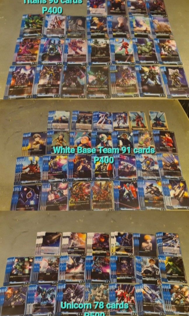 Gundam Lots (Category: Raw Singles) located in San Pedro. Submitted by alecRM (Listing ID 1464895211, Image 1). Description: ST01/White Base Lot 91 cards 400 Unicorn Earth Fed 78 cards P500 Titans lot 90 cards P400 ST04/Zaft-Minerva lot 110 cards P600 ST07/Celestial Being lot 108 cards P500 ST06/Clan/Gquxx lot 143 cards P650 Take all 6 sets (620 cards) P1300 Rfs extras and unwanted hits Payment Method: GCash/Gotyme/BDO Shipping at Buyer's Expense