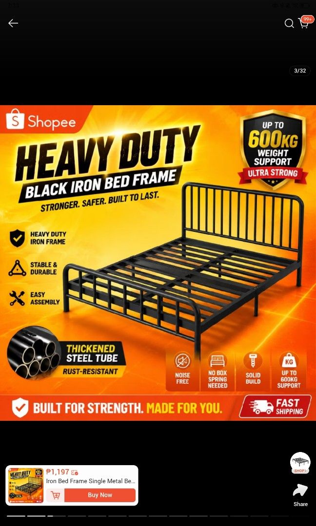 Heavy Duty Black Iron Bed Frame (Category: Bed Frames & Mattresses) located in Caloocan City. Submitted by richlyblessed (Listing ID 1464781158, Image 3). Description: - Heavy-duty black iron bed frame with strong steel tubes - Massive 600kg weight capacity - 9 thickened T-beam supports for enhanced stability and lower noise - No box spring needed - Rust-resistant construction for long-lasting durability - Simple and quick assembly.