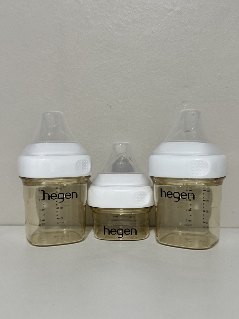 Hegen PPSU Feeding Bottles Set (Category: Breastfeeding & Bottle Feeding) located in Bulacan. Submitted by xtinegorggg (Listing ID 1464905777, Image 2). Description: - Authentic Hegen feeding bottles bundle (3 pcs in total) - 5oz 2pcs - 1pc used once and 1pc unused 2oz 1pc - used once - Innovative press-to-close, twist-to-open lid system for leak-proof convenience Rfs: not for my baby Bought from SM Megamall .