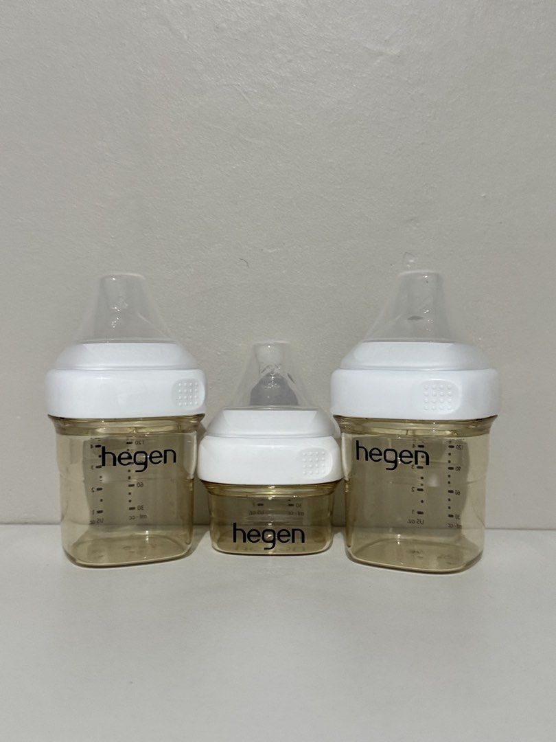 Hegen PPSU Feeding Bottles Set (Category: Breastfeeding & Bottle Feeding) located in Bulacan. Submitted by xtinegorggg (Listing ID 1464905777, Image 1). Description: - Authentic Hegen feeding bottles bundle (3 pcs in total) - 5oz 2pcs - 1pc used once and 1pc unused 2oz 1pc - used once - Innovative press-to-close, twist-to-open lid system for leak-proof convenience Rfs: not for my baby Bought from SM Megamall .