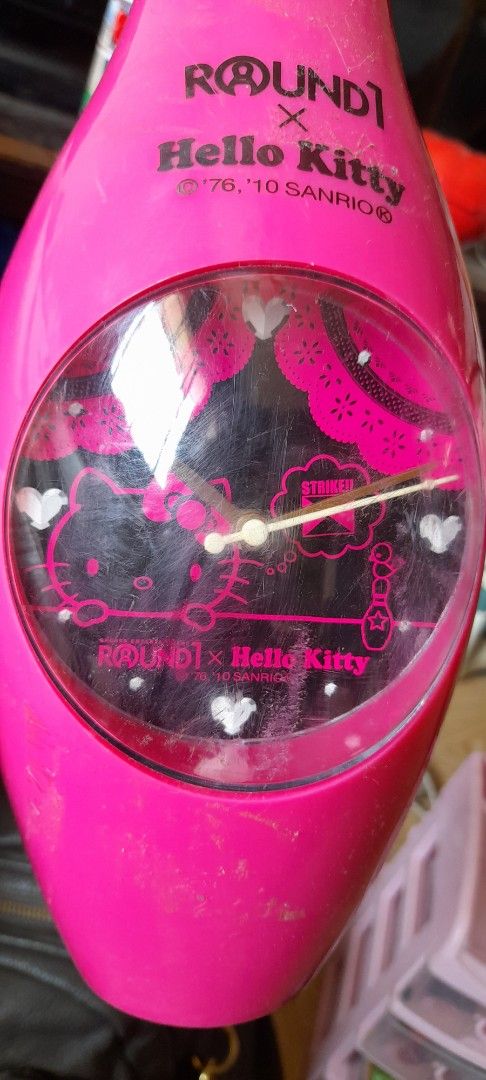 Hello Kitty Bowling Pin Wall Clock Sanrio (Category: Clocks) located in Bocaue. Submitted by marajapansurplus (Listing ID 1464805985, Image 3). Description: Selling as it is, Unique bowling pin clock from Round1 and Sanrio Kitty collaboration. Working Condtion. Bright pink color with black crown stripe at the neck. Round clock face inset on the front featuring Kitty graphics and heart details. Black back panel with wall hanging mount slots. Fun c