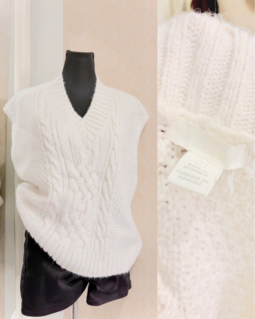 H&M cable knitted white vest (Category: Sleeveless) located in Lucena. Submitted by outfyndbyia_07123 (Listing ID 1464891565, Image 1). Description: Knitted vest Small on tag.