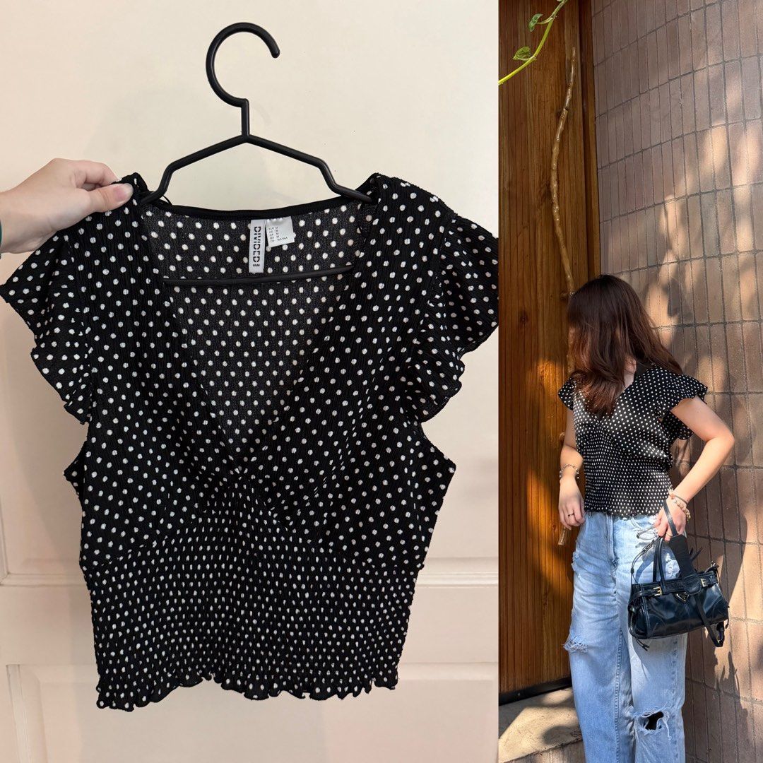 H&M Divided Black Polka Dot Ruffle Top (Category: Blouses) located in Manila. Submitted by kingchocnut (Listing ID 1464783196, Image 1). Description: - Brand: H&M Divided - Fit: Smocked stretchy body, nice and snug - Condition: Worn once.
