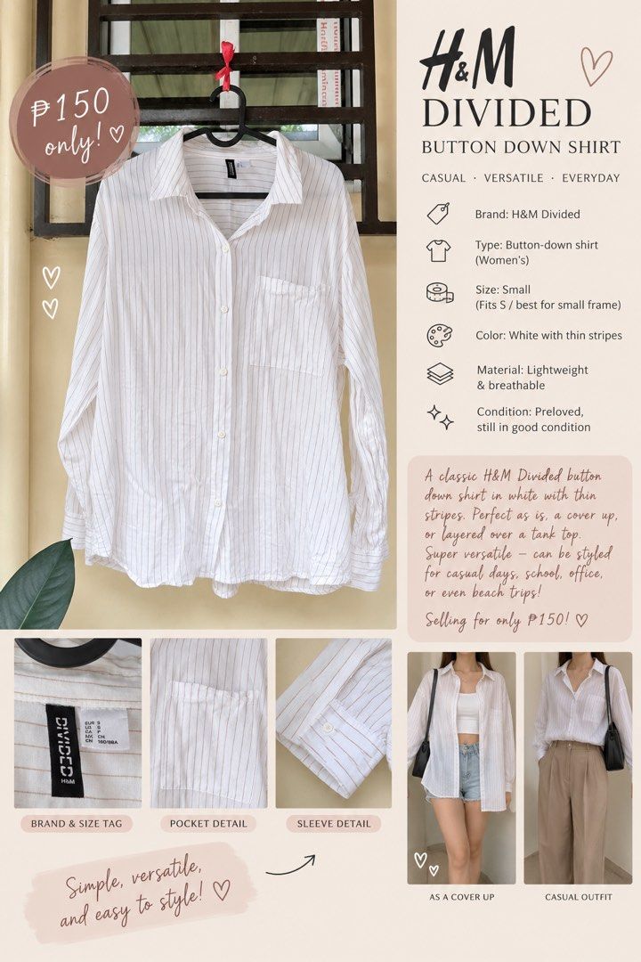 H&M Divided White Striped Button Down Shirt Small (Category: Shirts) located in Manila. Submitted by keiscorner (Listing ID 1464812267, Image 1). Description: 🤍 H&M DIVIDED STRIPED BUTTON-DOWN | SMALL ₱150 only ✨ Classic H&M Divided white button-down with subtle thin stripes — simple, fresh & super versatile! 🤍 Perfect worn as is, tucked into jeans or trousers, or left open as a cute cover-up over a tank or crop top. • Brand: H&M Divided • Size