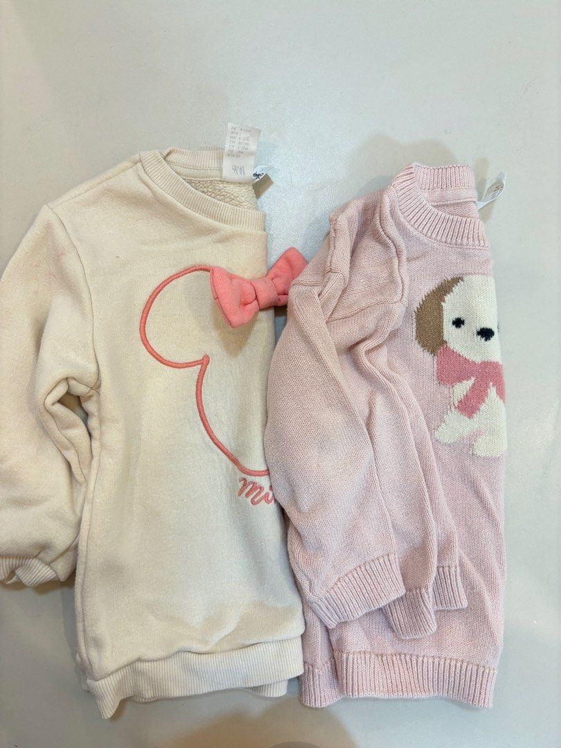 H&M Minnie Mouse and Puppy Sweater Bundle (Category: Babies & Kids Fashion) located in Bulacan. Submitted by ricammendz (Listing ID 1464847891, Image 2). Description: - Brand: H&M Lp posted - Size: 9-12 months (EUR 80) but can fit till 24m - Quantity: Bundle of 2 sweaters - Item 1: Cream Minnie Mouse sweatshirt with pink bow (has faint pinkish stains near underarm) - Item 2: Pink knitted sweater with cute puppy graphic and convenient button shoul