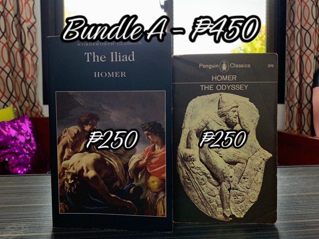 Homer The Iliad and The Odyssey Book Bundle (Category: Storybooks) located in Santiago. Submitted by archivetheresa (Listing ID 1464861997, Image 1). Description: - Bundle of 2 classic epic poetry books by Homer - The Iliad: Wordsworth Classics edition with vibrant cover art - The Odyssey: Penguin Classics edition featuring classic sculpture art - Price: 450 PHP for the bundle, or 250 PHP each if bought individually ! ⋆˚꩜｡ּ 𓏲 ๋࣭ ࣪ ˖ Hi! Thank yo