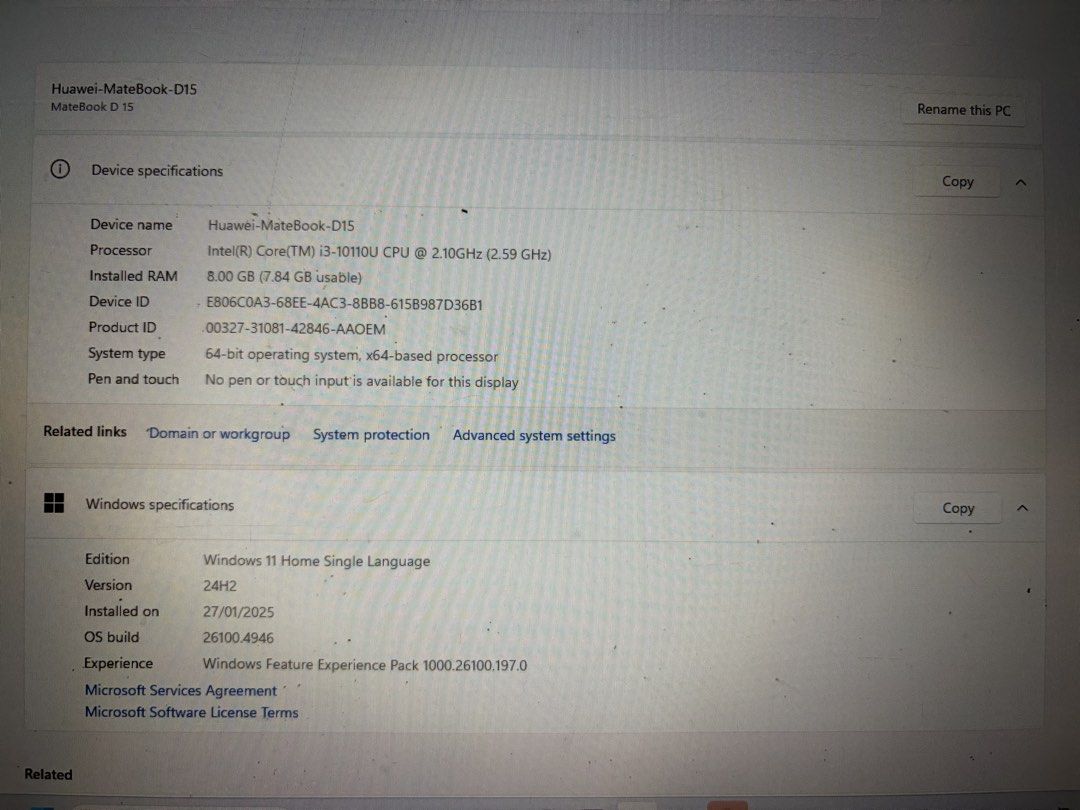 Huawei MateBook D 15 i3 8GB RAM Windows 11 (Category: Laptops & Notebooks) located in Quezon City. Submitted by gaberiel.manuel (Listing ID 1464898939, Image 1). Description: Selling Huawei Matebook D15 for 15,000 Display: 15.6-inch Full HD (1920 x 1080) IPS anti-glare display, 16:9 aspect ratio, and 250 nits brightness PM for video boot up test Processor: 10th Gen Intel Core i3-10110U (2.1 GHz base speed) • Graphics: Intel UHD Graphics 620 • RAM