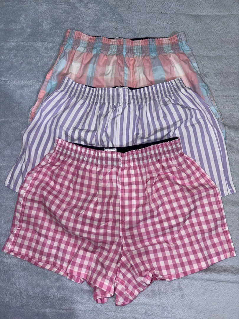 HUGA Womens Boxer Shorts 3 in 1 Pack Assorted (Category: Undergarments & Loungewear) located in Baguio. Submitted by sereneserenade (Listing ID 1464791135, Image 1). Description: - Brand: HUGA - Item: Women's Boxer Shorts (3-Pack) - Size: Small (S) - Designs: Pink gingham, purple stripe, and pink-blue plaid - Material: 100% breathable cotton - Best for: Casual wear and comfy pambahay - Condition: Brand new, never opened in original ziplock packag