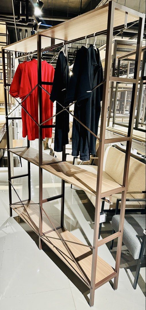 Industrial Style Garment Rack / Open Wardrobe (Category: Shelves, Cabinets & Racks) located in Binan City. Submitted by fashiongossiponlineboutique (Listing ID 1464798389, Image 3). Description: Industrial Style Garment Rack / Open Wardrobe – ₱9,500 Bought for ₱11,795 in 2024. Very good condition, well maintained and sturdy. Wood-look shelves with metal frame and multiple hanging/storage levels. Selling because: no longer needed. Original price: 