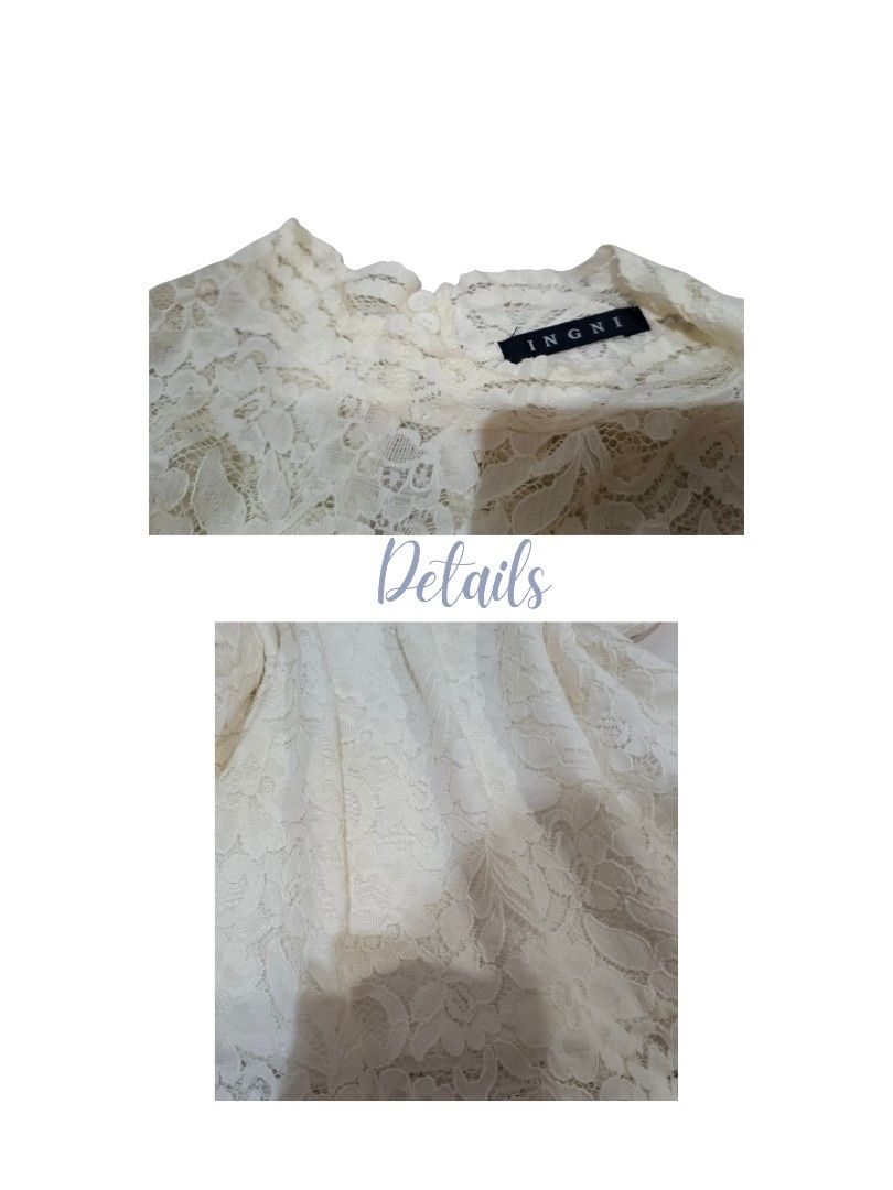 INGNI White Lace Blouse Top S-M (Category: Blouses) located in Manila. Submitted by dear__riri__ (Listing ID 1464966051, Image 2). Description: - Brand: INGNI - Size: Fits S to M - Color: White - Design: Delicate floral lace, scalloped hem and sleeves, high neckline with back button closure - Condition: Great, worn only a couple of times - Style: Sweet, feminine, and easy to pair with skirts or jeans.