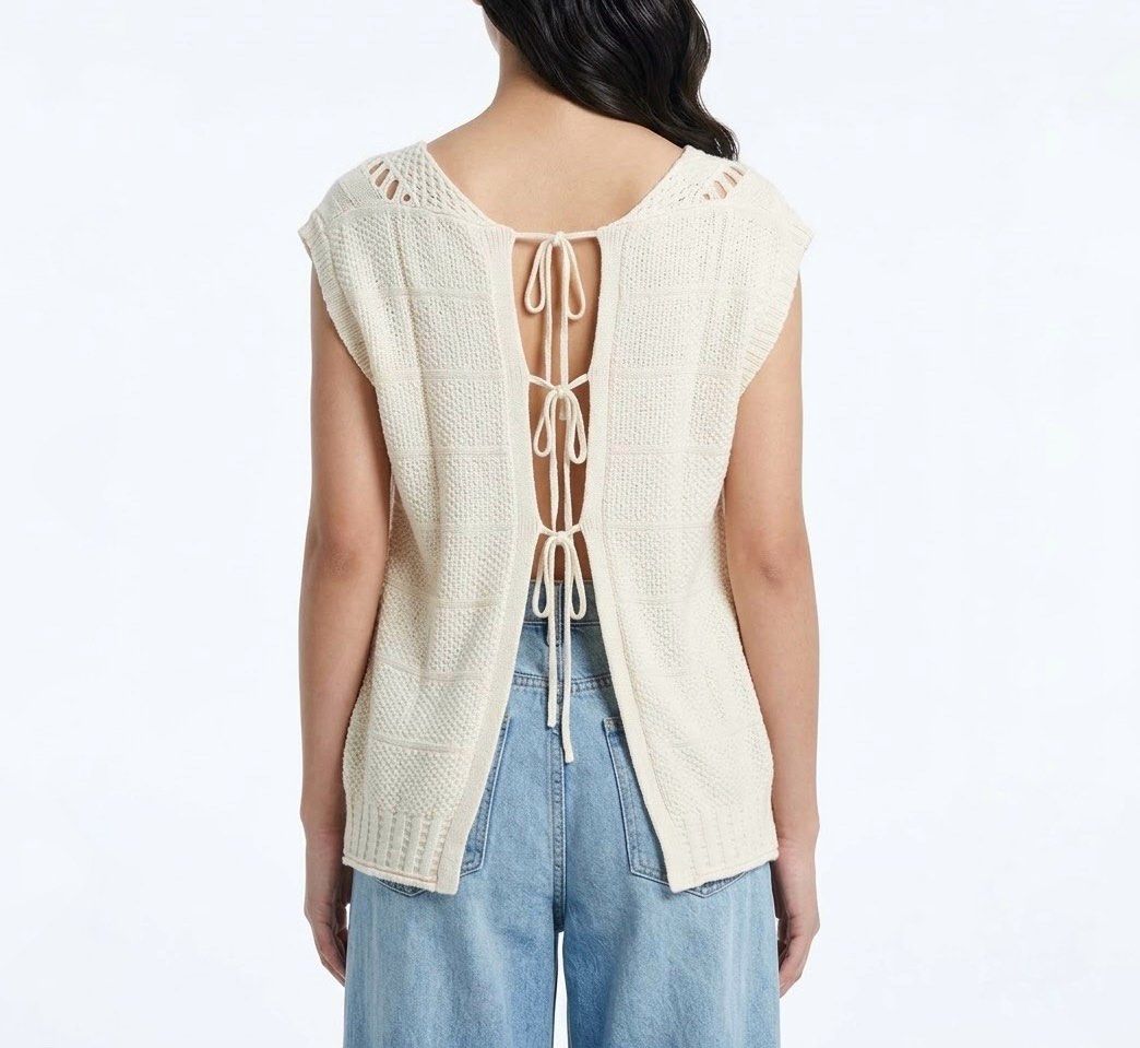 initial Oversized Cream Open Back Ribbon Tie Cable Knit Sweater Vest (Category: Sleeveless) located in Caloocan City. Submitted by declutteringph. (Listing ID 1464802896, Image 1). Description: No Size on the tag! Dimensions: (inches) Bust width: 20” - 30” Body Length: 28,” .