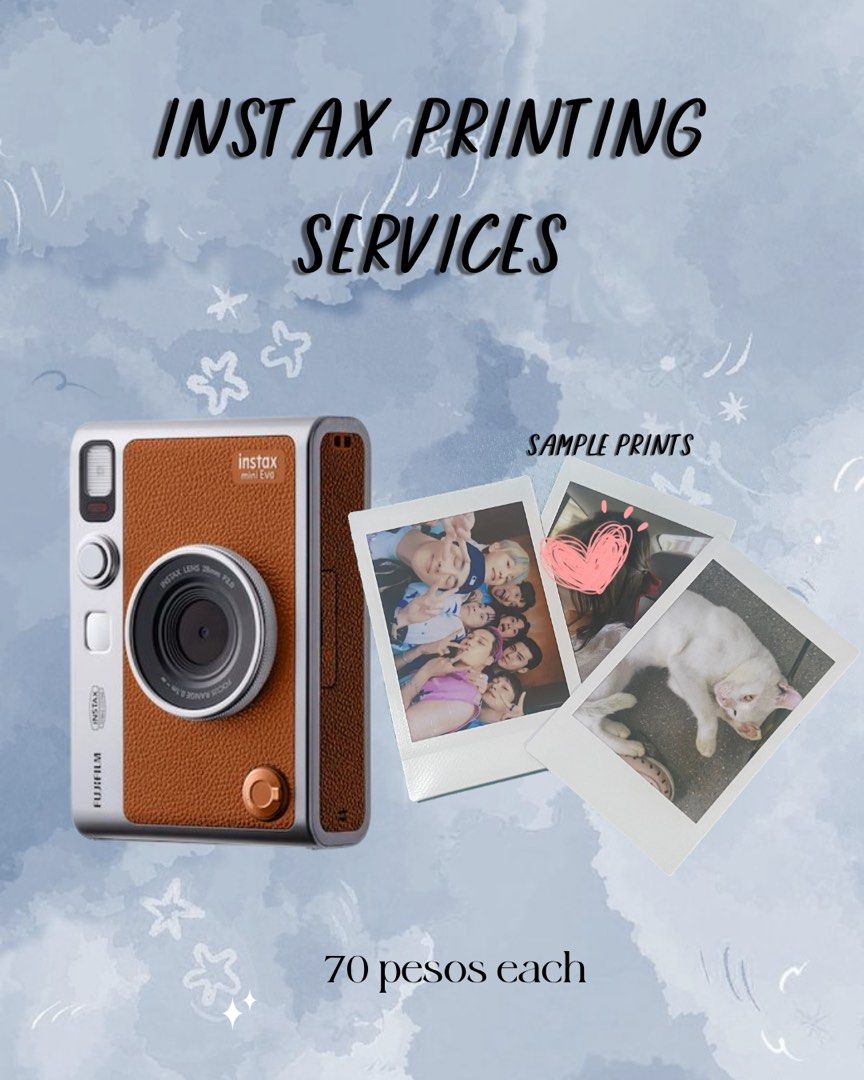 Instax Printing Services Fujifilm Mini Evo (Category: Printers, Scanners & Copiers) located in Manila. Submitted by niniyeolcart (Listing ID 1464903114, Image 1). Description: - Instant Fujifilm Instax Mini Evo prints - Price: ₱70 per piece - Send your digital pictures via chat - Perfect for journal decorating, scrapbooks, and gifts.