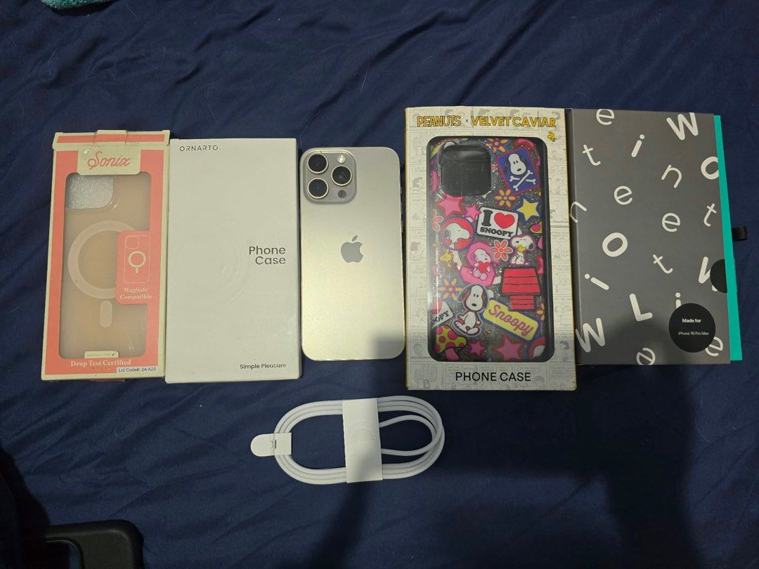 iPhone 16 ProMax 512gb 90BH FU NTC (Category: iPhone 16 Series) located in Quezon City. Submitted by dinesaur (Listing ID 1464945792, Image 1). Description: With ornarto, tineeowl, velvetcaviar and sonix case Unused og cord No more box Minimal scratches due to casing With tempered.