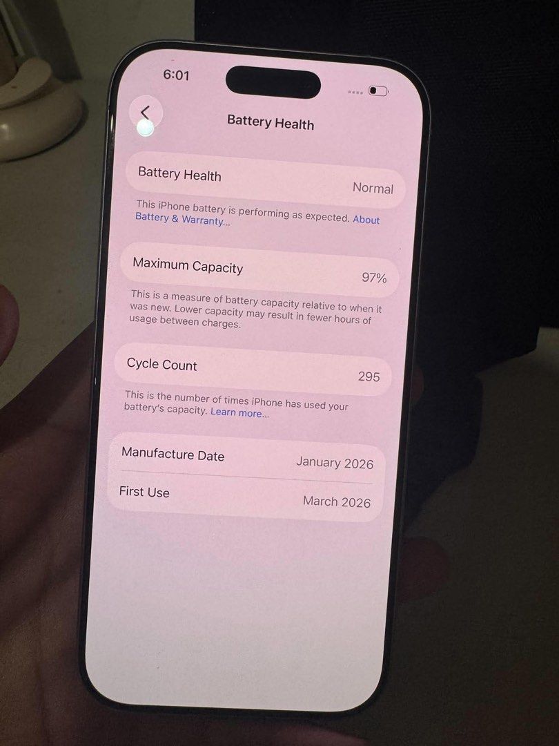 iPhone 17 256 GB Lavender (Category: iPhone 17 Series) located in Manila. Submitted by lance_ami (Listing ID 1464819026, Image 3). Description: FOR SALE: iPhone 17 256GB – Lavender Price: ₱46,000 • Storage: 256GB • Battery Health: 97% • Battery Cycle Count: 295 • Repair History: None • Color: Lavender • Fully functional Issue: Small dent on the lower-left corner caused by a hard case. Please see the photos for the actual condition. No repair hist