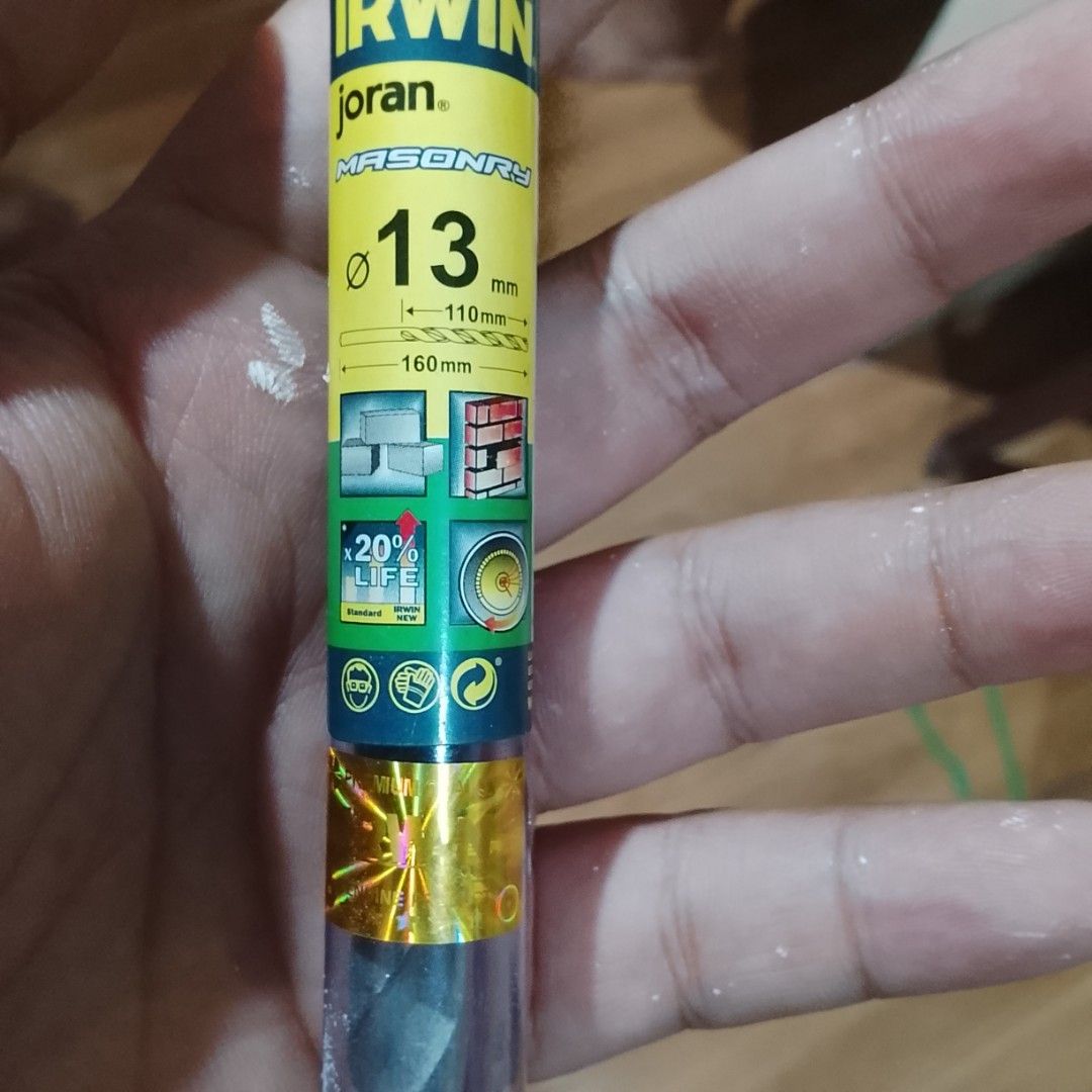 IRWIN Joran Masonry Drill Bit 13mm (Category: Construction Tools & Equipment) located in Rizal. Submitted by kairo214 (Listing ID 1464965930, Image 1). Description: FS OR SWAP ITEM - Brand: IRWIN Joran - Type: Masonry drill bit - Size: 13mm diameter, 110mm working length, 160mm total length - Condition: Brand new, never used, in original packaging - Authenticity: Genuine with holographic sticker on sleeve - Features: Built for brick and concrete,