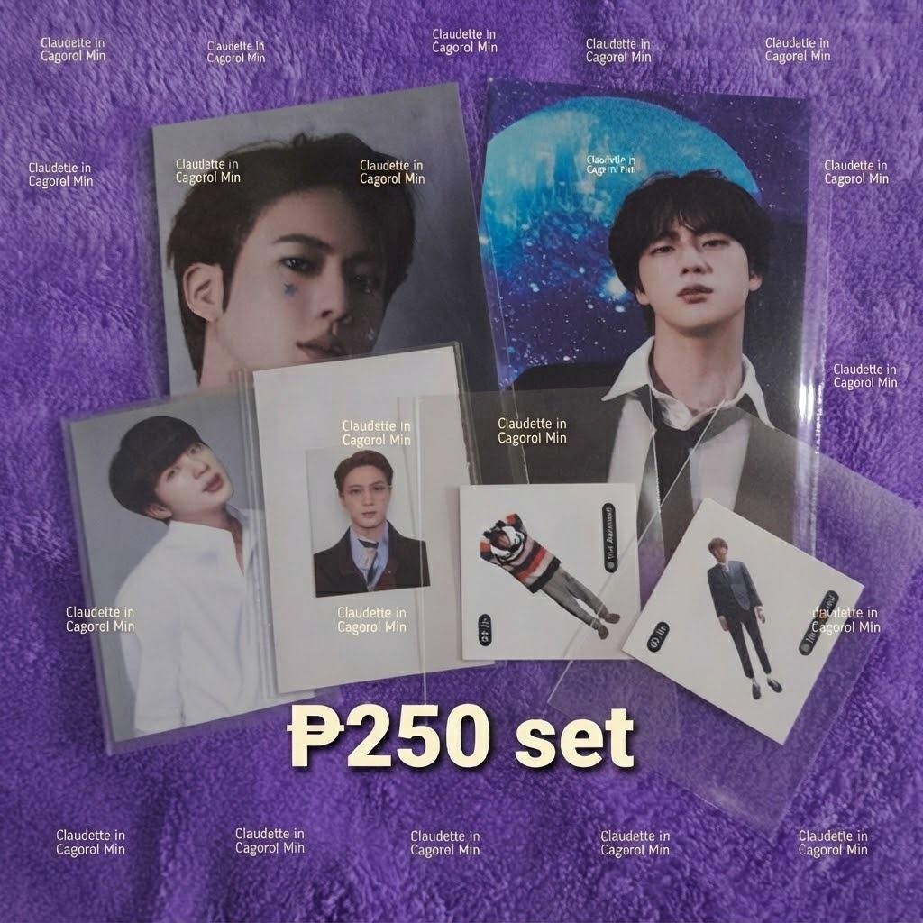 Jin BTS The Astronaut Photocards Postcards Set (Category: K-Wave Merchandise) located in Butuan. Submitted by justfabclauding (Listing ID 1464929584, Image 1). Description: - Complete Jin 'The Astronaut' collection set - Includes multiple photocards, postcards, and mini prints - Various sizes included - All items come in protective sleeves - Selling as one complete set only (no tingi) - Rushed shipping available upon request.