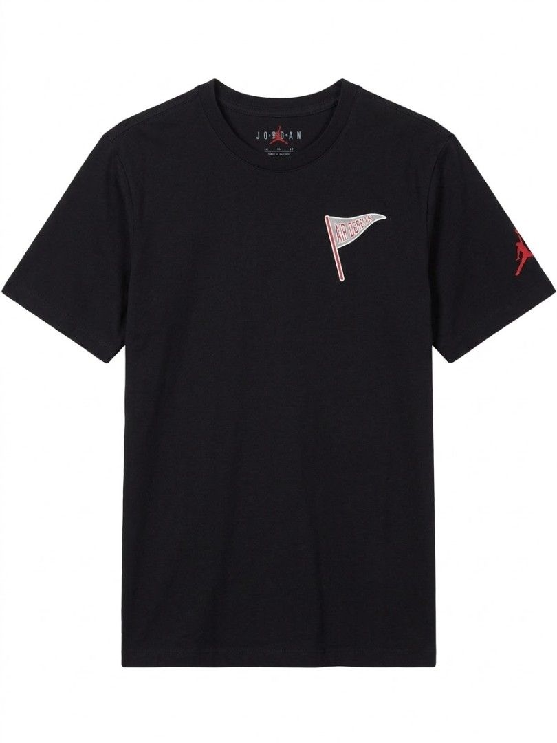 Jordan Black Graphic Tee (Category: Tshirts & Polo Shirts ) located in Manila. Submitted by youngturtle.8e129a (Listing ID 1464966442, Image 1). Description: Black short-sleeve t-shirt from Jordan. Small pennant logo on the chest, red Jumpman silhouette on the left sleeve. Large graphic on the back featuring a cartoon character made of the letter J wearing retro sneakers, holding a pennant and basketball. Ribbed crew neck collar..