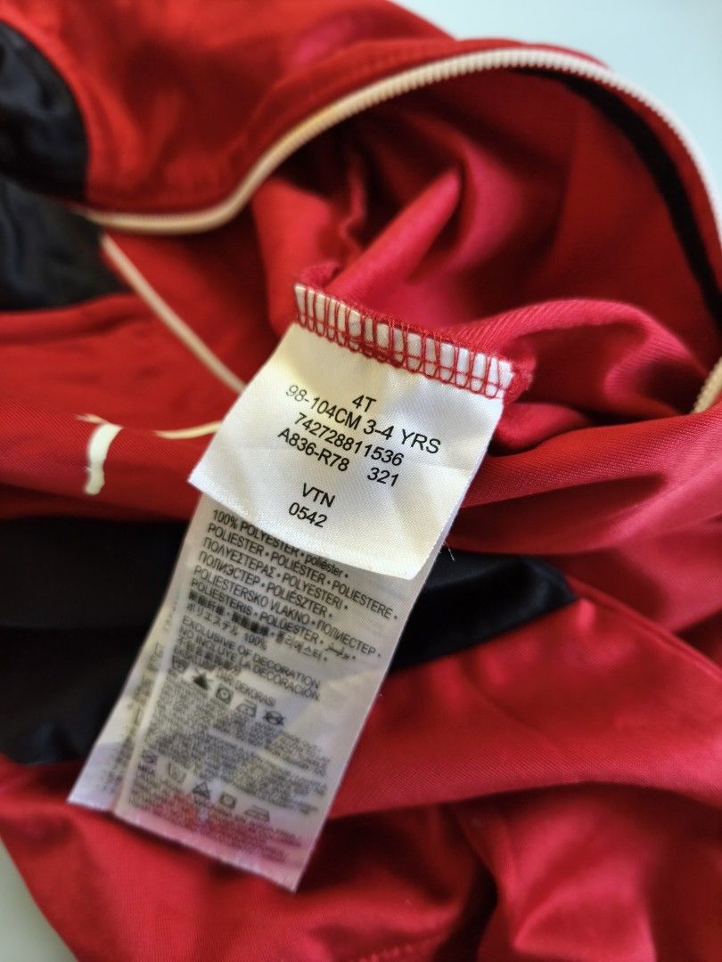 Jordan Kids Track Jacket 4yo (Category: Babies & Kids Fashion) located in Cebu City. Submitted by little_mush.room (Listing ID 1464819247, Image 3). Description: - preloved authentic Jordan kids track jacket - Classic red and black colorway with white Jumpman logo and vertical Jordan lettering - Full zip front with high collar - Ribbed cuffs and hem for a snug fit - 100% polyester material - Size: 4T .