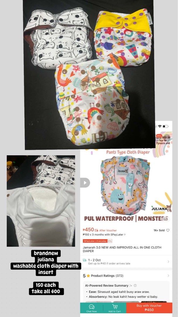 Juliana Washable Cloth Diaper with Insert (Category: Diapers & Baby Wipes) located in Manila. Submitted by kiyanna.preloved (Listing ID 1464859307, Image 1). Description: - Brand: Juliana washable cloth diaper (includes insert) - Available prints: Cat pattern, colorful shapes, and houses - Benefits: Reusable, eco-friendly, and cost-effective alternative to disposables - Price: 150 pesos each - Bundle deal: Take all three for only 400 pesos!.