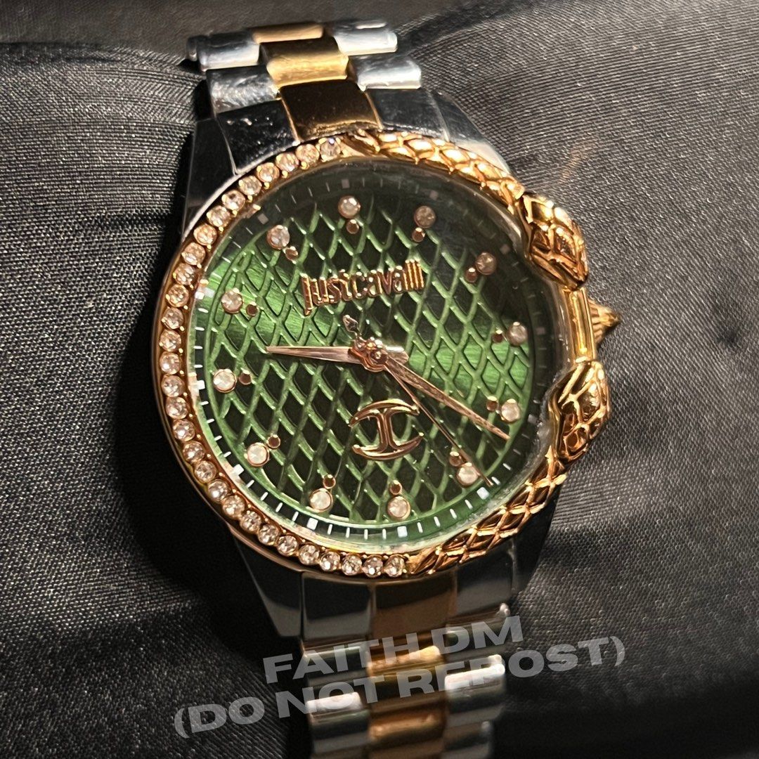 Just Cavalli Green Snake Dial Watch Box Extra Links (Category: Women's Watches) located in Manila. Submitted by truestar-9eec (Listing ID 1464812256, Image 1). Description: - Authentic designer statement watch with a striking green snakeskin textured dial - Features a sparkling crystal-embellished bezel and unique snake head detail - Elegant two-tone silver and gold stainless steel bracelet - Includes original box, international warranty booklet,