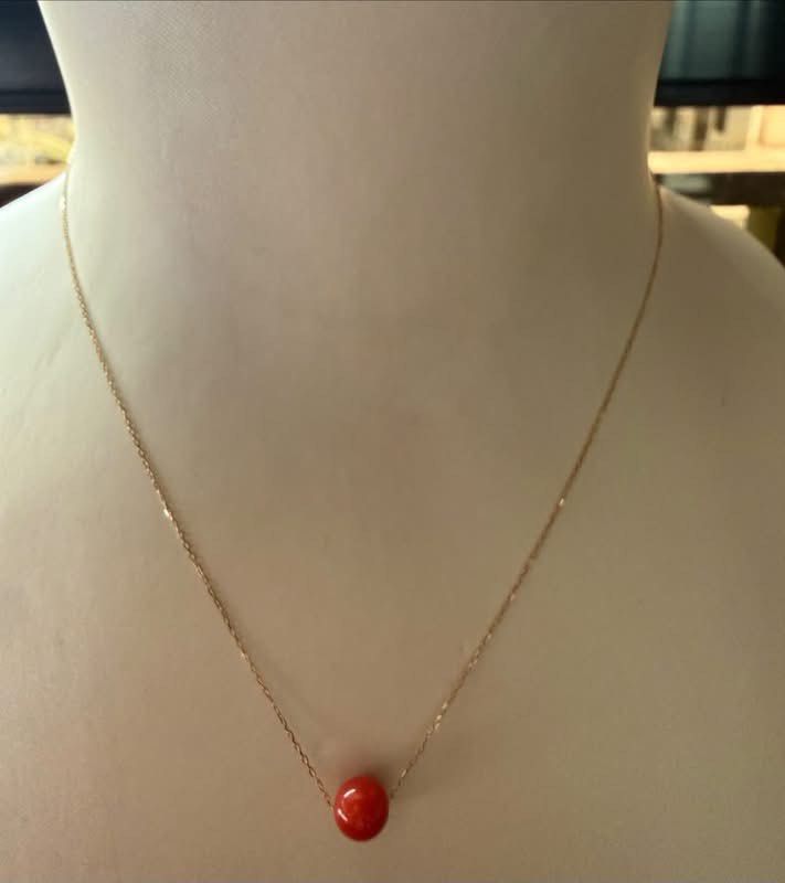 K18 yellow gold necklace (Category: Necklaces) located in Manila. Submitted by annafinds (Listing ID 1464877279, Image 2). Description: K18 yellow gold necklace, a single round coral bead pendant . ₱17,500 Open for layaway..