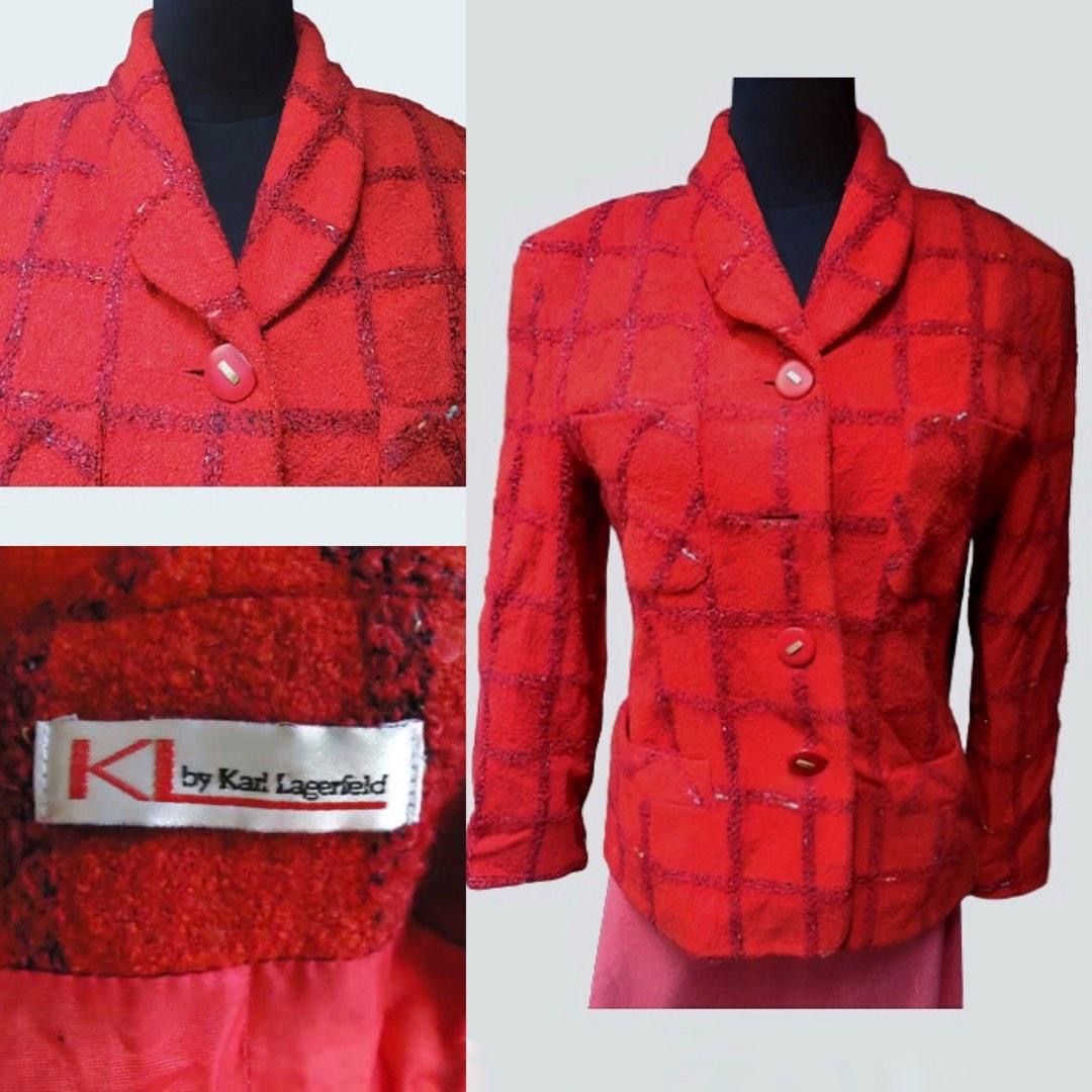 KARL LAGERFELD RED TWEED BLAZER (Category: Coats, Jackets and Outerwear) located in Marikina City. Submitted by minimalistmanila (Listing ID 1464847951, Image 2). Description: Designer and genuine red tweed Vintage Karl Lagerfeld blazer from Italy. Thick tweed fabric. Small size, 16-17 inches bust. Unused. Will need dry clean as kept in storage. -Lining has a rip, needs sewing and one missing button, hence discounted rate. Worth P12,500. Sacrific