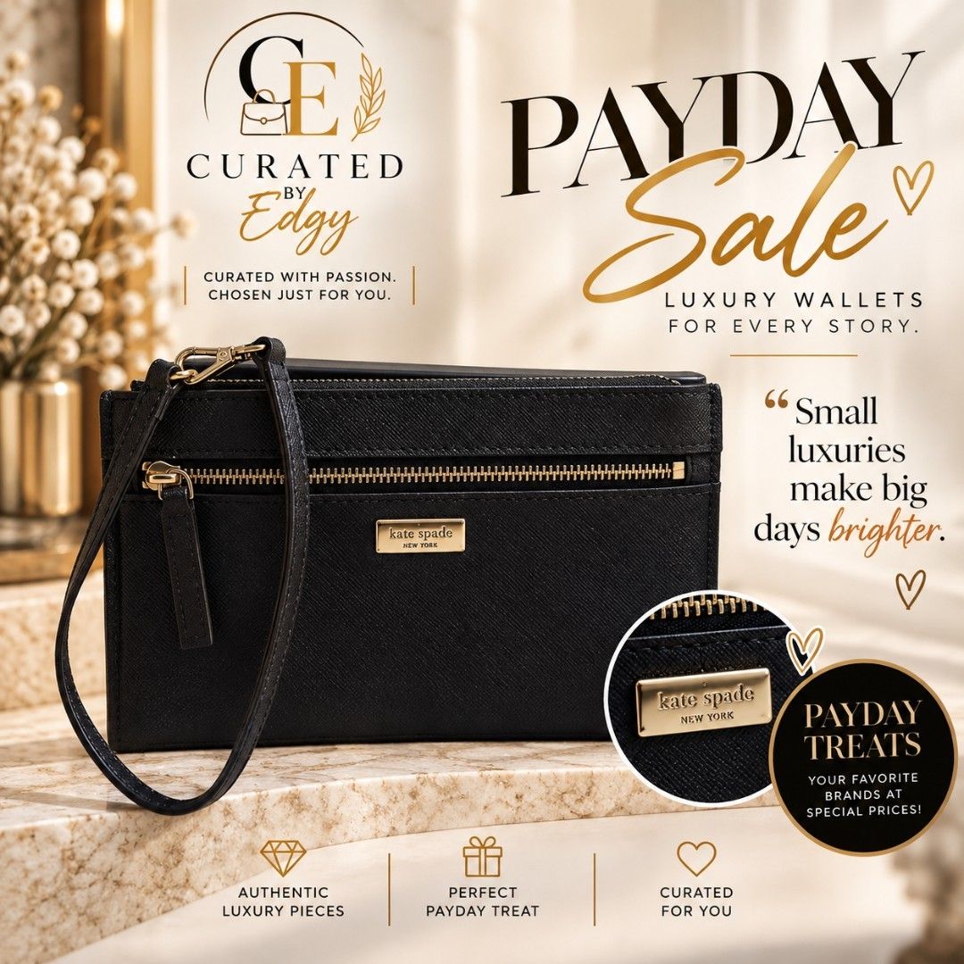 Kate Spade Black Leather Wristlet Wallet (Category: Wallets & Card holders) located in Makati City. Submitted by edgeeh (Listing ID 1464914276, Image 1). Description: - Authentic Kate Spade New York wristlet - Crafted from durable black Saffiano leather with sleek gold hardware - Features a convenient front zip pocket and detachable wrist strap - Secure top-zip main compartment with a clean interior lining - Compact and practical everyday accesso