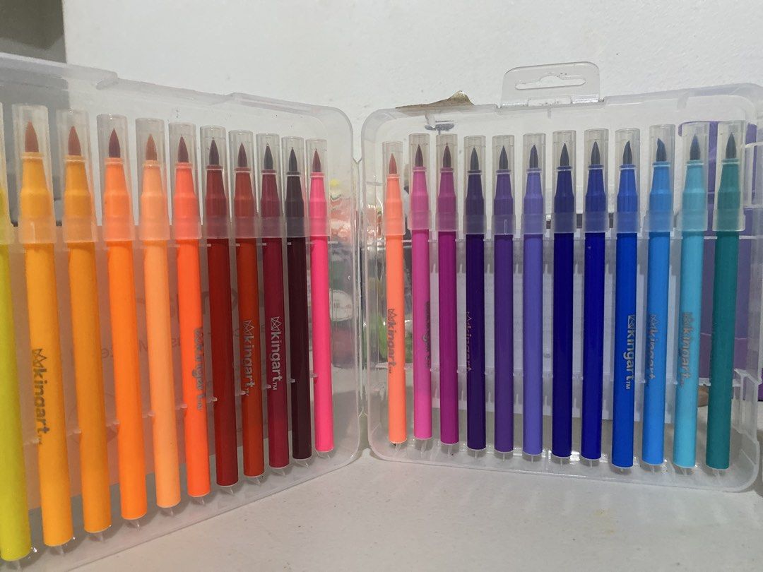 Kingart Dual Tip Brush Pen Marker Set (Category: Stationery & School Supplies) located in Manila. Submitted by jowigirl (Listing ID 1464946517, Image 2). Description: - Authentic Kingart dual tip brush pen set complete with original clear plastic organizer case - Full rainbow spectrum gradient including yellows, oranges, reds, pinks, purples, blues, greens, browns, grey, and black - Kept neatly sorted in their original individual slots for easy c