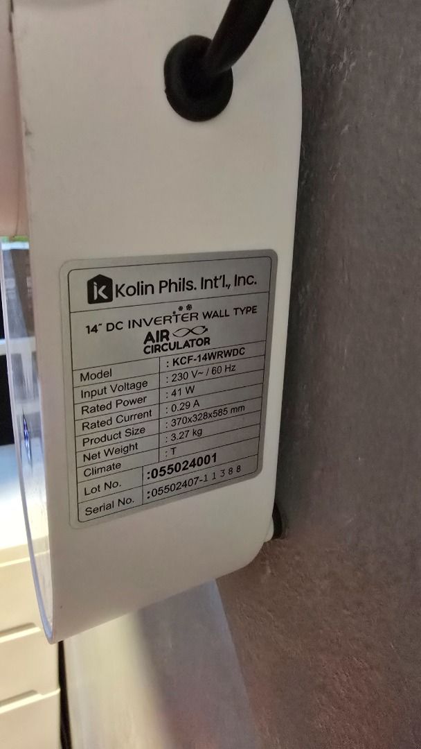 Kolin 14" DC Inverter Wall Type Air Circulator (Category: Air Conditioning and Heating) located in Caloocan City. Submitted by marces (Listing ID 1464852095, Image 2). Description: - Brand/Model: Kolin KCF-14RWDC 14-inch Wall-Mounted Air Circulator Fan - Power: 230V / 41W energy efficient - Controls: Digital control panel with touch buttons and remote - Design: Stylish black grill with silver center cap and white body - Dimensions & Weight: 370 x