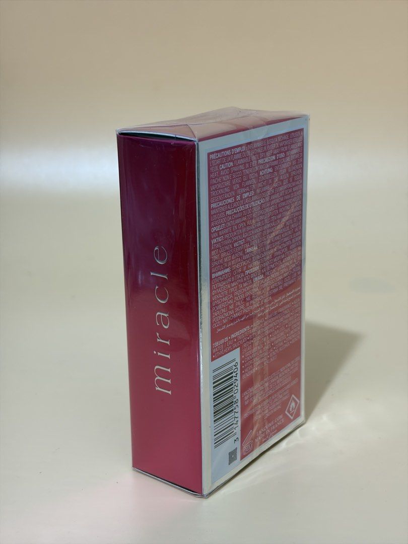 Lancôme Miracle EDP 30ml sealed (Category: Fragrance & Deodorants) located in Valenzuela. Submitted by ariaxmommy (Listing ID 1464929151, Image 3). Description: - Brand: Lancôme Miracle Eau de Parfum - Size: 30ml / 1 fl. oz. - Format: Spray Vaporisateur - Origin: Made in France - Condition: Brand new, sealed in original pink plastic-wrapped box - Authenticity details: Batch code on bottom, barcode and full ingredients list on back.