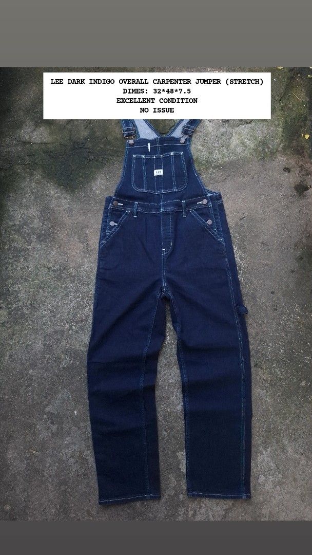 Lee Dark Indigo Overall Carpenter Jumper (Stretch) - Size : 32 (Category: Jeans) located in Manila. Submitted by bonaobrag55538 (Listing ID 1464845929, Image 1). Description: - Brand: Lee - Style: Dark indigo overall carpenter jumper with stretch fabric - Dimes: 32*48*7.5 - Material: 79% cotton, 16% polyester, 4% elastomultiester, 1% elastane - Details: Deep blue wash, contrast white stitching, multiple front and back pockets, side hammer loop - 