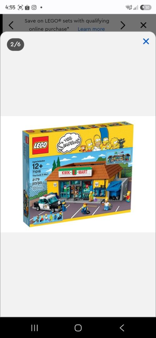 LEGO 71016 The Simpsons Kwik-E-Mart (Category: Lego & Building Sets) located in Quezon City. Submitted by 8elc8 (Listing ID 1464962936, Image 1). Description: -authentic Lego brand, brandnew and factory sealed, retired product - 2179 pieces -Includes the iconic convenience store building, police car, and minifigures like Homer, Marge, Bart, Apu, Chief Wiggum, and Snake. -Dimensions: Measures over 5 inches (14 cm) high, 14 inches (38 cm) wide, and