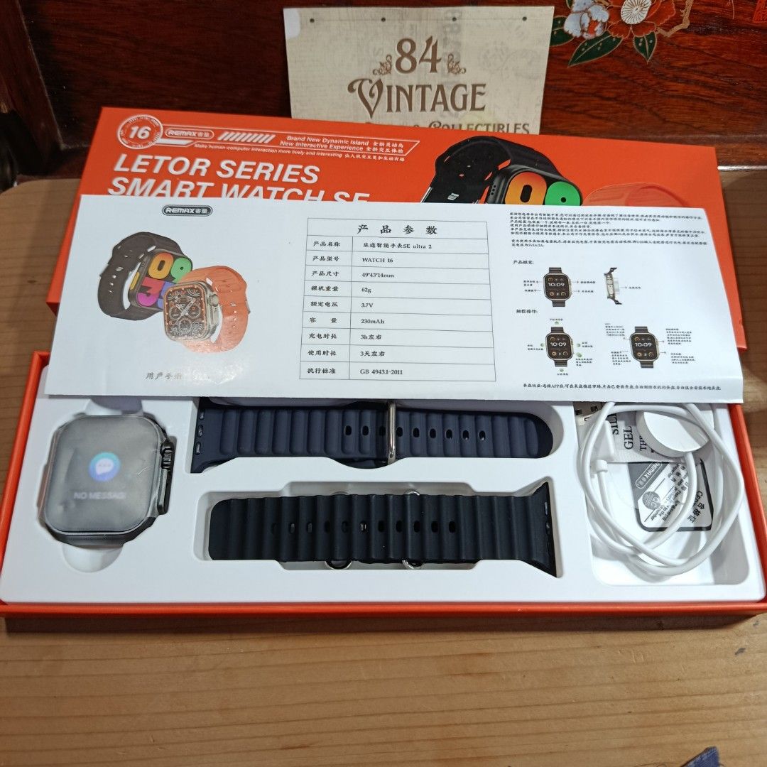 Letor Smartwatch Watch 16 Ultra 2 (Category: Wearables & Smart Watches) located in Las Pinas. Submitted by 84vintage (Listing ID 1464861582, Image 3). Description: Brand new with box. just opened for checking/testing/charging etc. This is a gift so unused. Comes with charger rest and two pairs of Strap. Please see photos. Sold as is where is only..