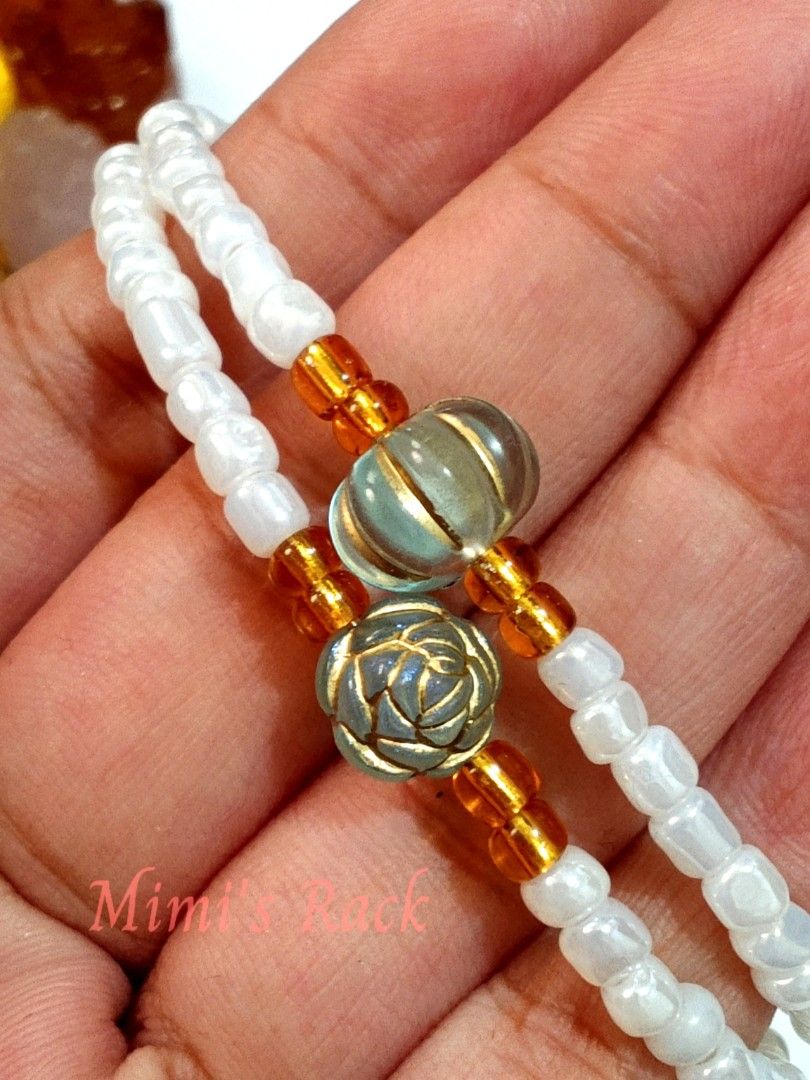 Light Blue Marrakech Pumpkin & Rose White Seed Bead Bracelet (Category: Bracelets) located in Taguig. Submitted by mimisrack (Listing ID 1464890290, Image 3). Description: 🩵A sweet and delicate white seed bead bracelet featuring charming light blue pumpkin and rose charms with beautiful gold-tone detailing. The soft blue charms against the white beads create a lovely, feminine look with a touch of vintage-inspired charm. ✨ -A unique little brace