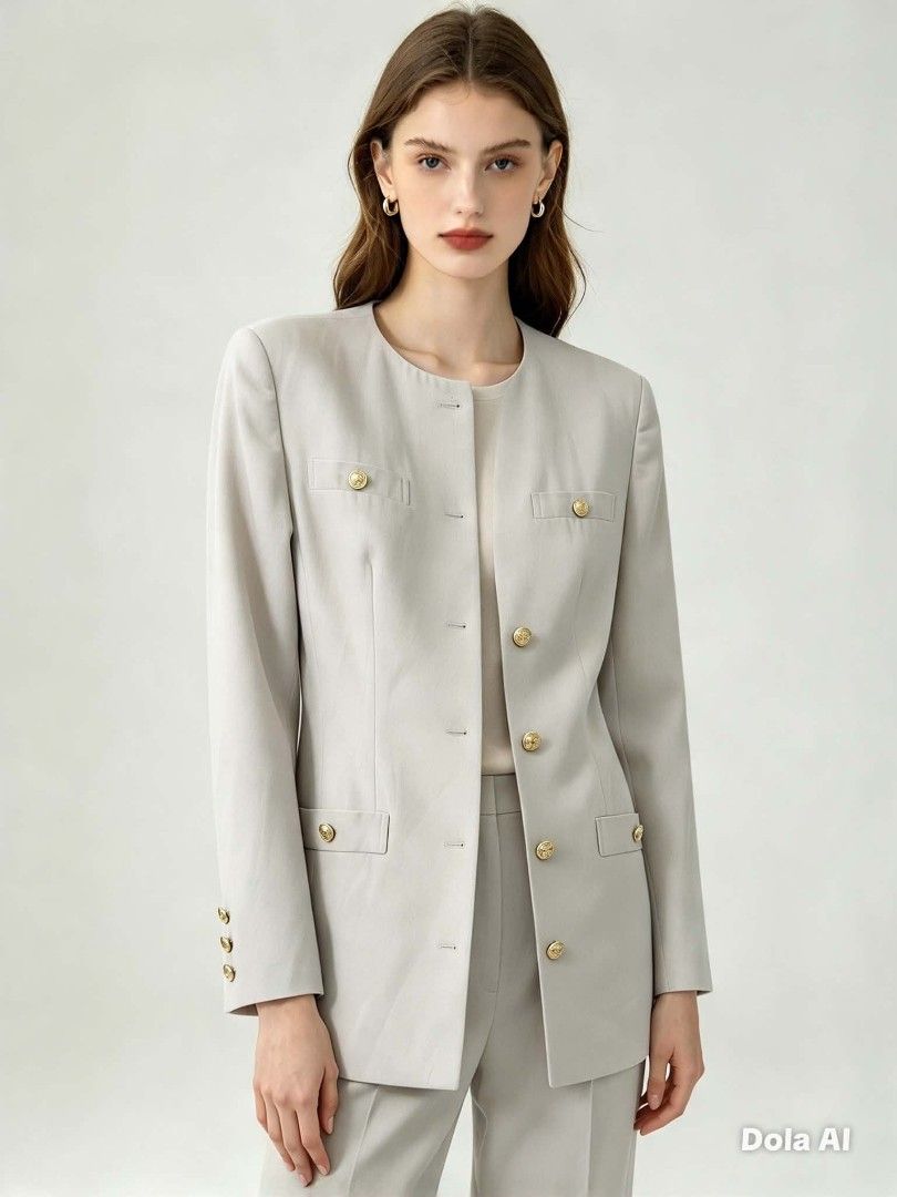 Light grey Crew Neck Blazer with Gold Buttons (Category: Coats, Jackets and Outerwear) located in Caloocan City. Submitted by mylove326 (Listing ID 1464926424, Image 2). Description: - Brand: ROPE - Style: Crew neck structured blazer - Color: Classic beige - Details: Statement gold front buttons, flap chest pockets, and lower flap pockets - Sleeves: Long with matching cuff buttons - Versatility: Ideal for professional workwear and smart casual ou