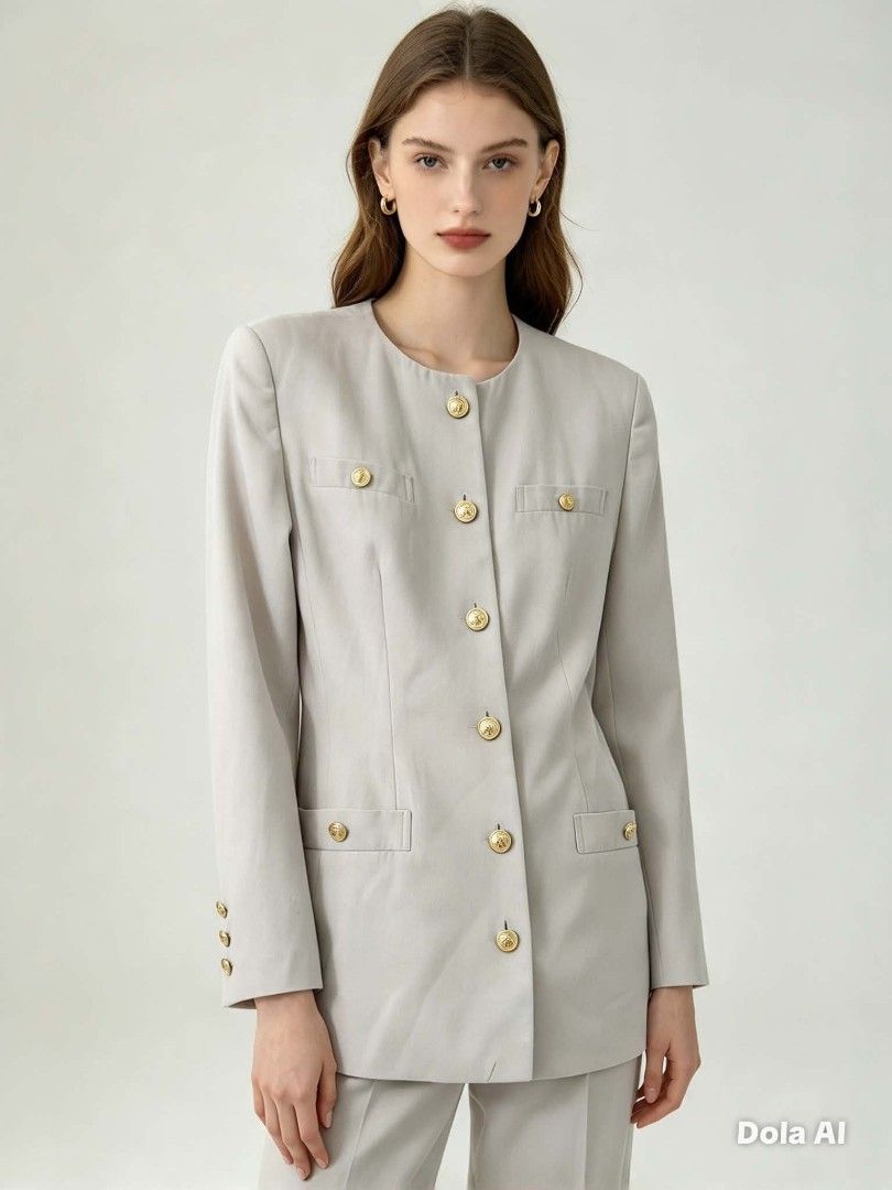 Light grey Crew Neck Blazer with Gold Buttons (Category: Coats, Jackets and Outerwear) located in Caloocan City. Submitted by mylove326 (Listing ID 1464926424, Image 1). Description: - Brand: ROPE - Style: Crew neck structured blazer - Color: Classic beige - Details: Statement gold front buttons, flap chest pockets, and lower flap pockets - Sleeves: Long with matching cuff buttons - Versatility: Ideal for professional workwear and smart casual ou