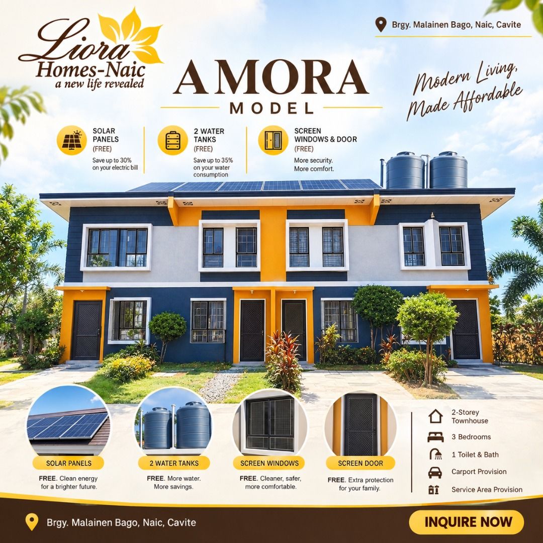 Liora Homes Naic - Amora Model - Townhouse (Category: House & Lot) located in General Trias. Submitted by marajc_realty.102 (Listing ID 1464792476, Image 1). Description: Looking for a modern and comfortable home in Naic, Cavite? Meet the AMORA MODEL, a stylish 2-storey townhouse designed for practical family living. 📍 Brgy. Malainen Bago, Naic, Cavite ✨ AMORA MODEL FEATURES: • 2-Storey Townhouse • 2 Bedrooms • 1 Toilet & Bath • Carport Provisio