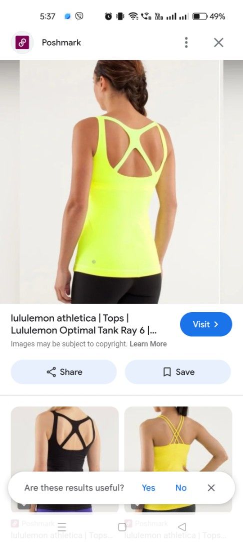 Lululemon Optimal Tank Neon Yellow Size 4 (Category: Sleeveless) located in San Mateo. Submitted by shop_with_nicer (Listing ID 1464823958, Image 2). Description: - Brand: Lululemon - Color: Bright neon yellow - Features: Built-in bra with brown polka dot lining, unique criss-cross back straps, and reflective logo - Fabric: Stretchy, breathable, and comfortable - Ideal for: Gym workouts, runs, and yoga classes - Condition: Great pre-loved conditi