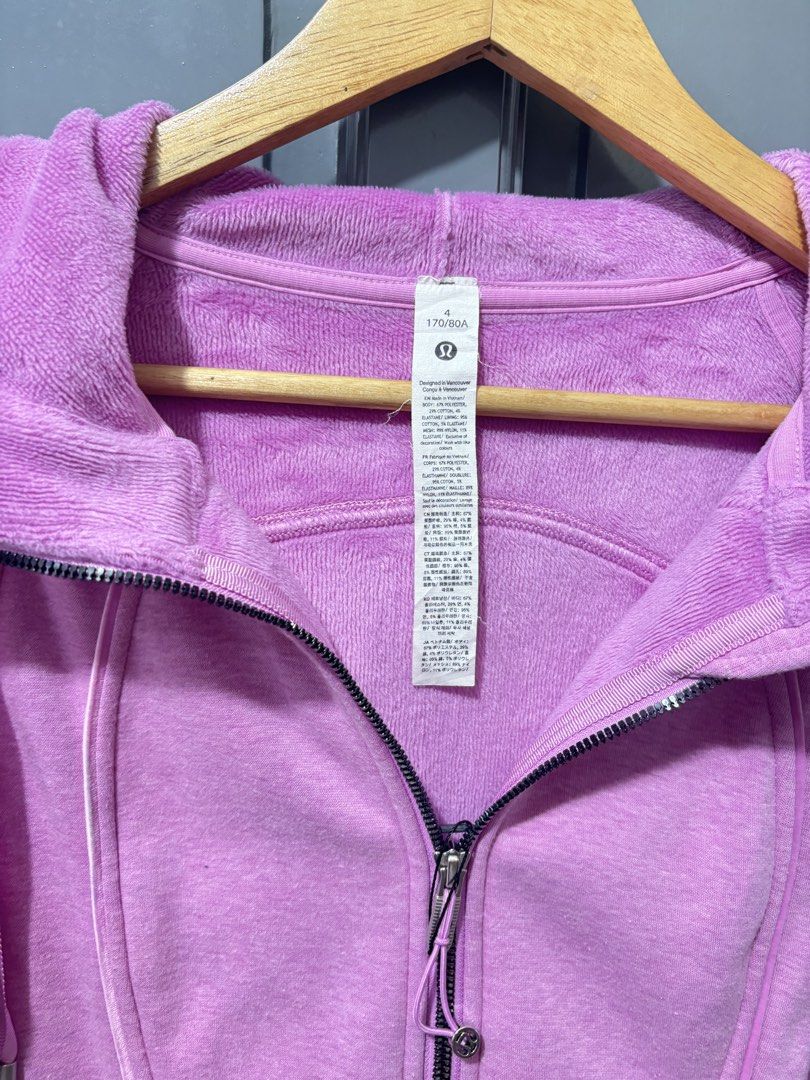 Lululemon Scuba Hoodie Pink (Category: Coats, Jackets and Outerwear) located in Caloocan City. Submitted by istyleph (Listing ID 1464818534, Image 2). Description: - Brand: Lululemon - Size: 4 (Regular fit) - Color: Pink - Material: Ultra-soft velour-like fleece inside and out - Features: Full zip closure with signature logo pull, thumbholes, front pockets, drawstring hood, and embroidered logo on the back - Condition: Excellent.