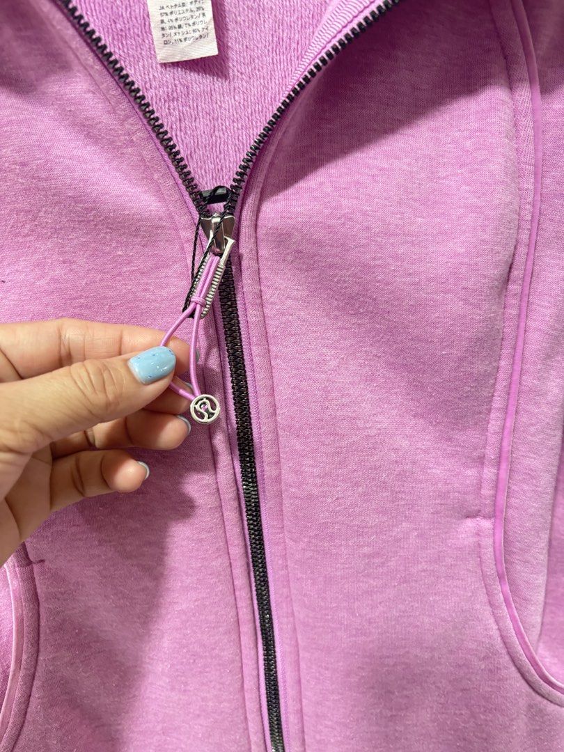 Lululemon Scuba Hoodie Pink (Category: Coats, Jackets and Outerwear) located in Caloocan City. Submitted by istyleph (Listing ID 1464818534, Image 3). Description: - Brand: Lululemon - Size: 4 (Regular fit) - Color: Pink - Material: Ultra-soft velour-like fleece inside and out - Features: Full zip closure with signature logo pull, thumbholes, front pockets, drawstring hood, and embroidered logo on the back - Condition: Excellent.