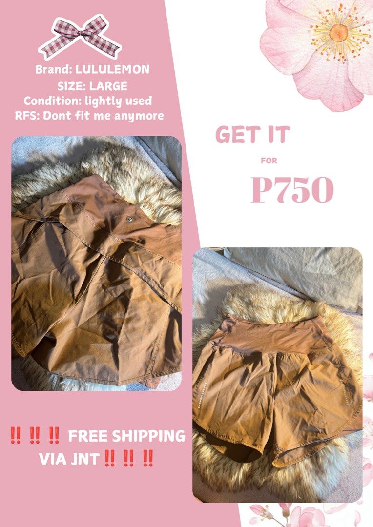 Lululemon Shorts Large (Category: Shorts) located in Las Pinas. Submitted by francesaly (Listing ID 1464793345, Image 1). Description: - Brand: Lululemon - Color: Brown - Size: Large (L) - Condition: Lightly used - RFS: Doesn't fit me anymore - Perks: FREE shipping via J&T Express.
