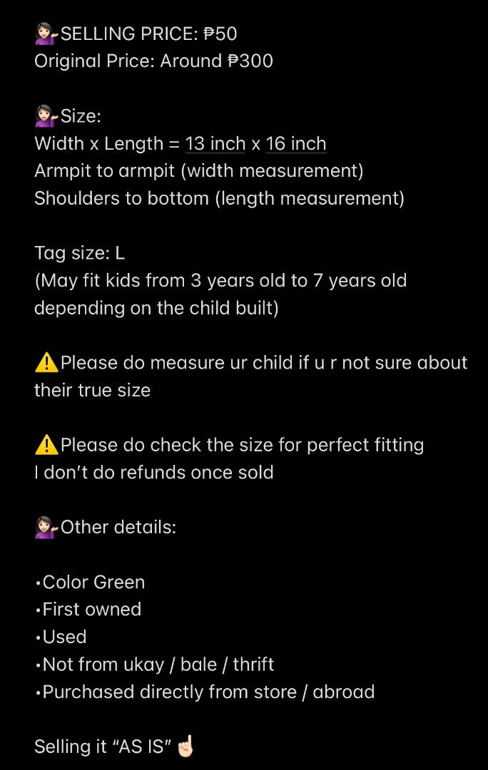 [M] Superman - Children's tank top (Category: Babies & Kids Fashion) located in San Juan City. Submitted by ttanmien (Listing ID 1464782246, Image 3). Description: ⚜️✨⚜️✨⚜️✨⚜️✨⚜️✨⚜️ 💁🏻‍♀️SELLING PRICE: ₱50 Original Price: Around ₱300 💁🏻‍♀️Size: Width x Length = 13 inch x 16 inch Armpit to armpit (width measurement) Shoulders to bottom (length measurement) Tag size: L (May fit kids from 3 years old to 7 years old depending on the child built) 