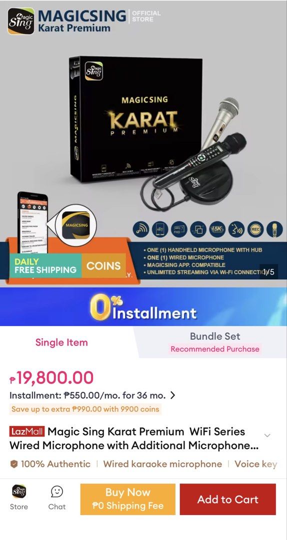 Magic Sing Karat Premium WiFi Karaoke System (Category: Entertainment Systems & Smart Home Devices) located in Quezon City. Submitted by jennybug (Listing ID 1464791381, Image 3). Description: - opened to test but never used - Complete Magic Sing Karat Premium karaoke system in original box - Includes 2 microphones, hub base, manual, standard cables, and power adapter - Built-in Wi-Fi with Full HD smart videoke support - Over 5,000 preloaded song