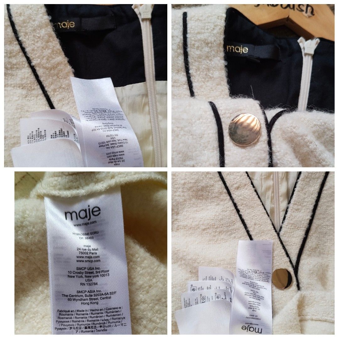Maje Tweed mini dress (Category: Luxury Apparel) located in Caloocan City. Submitted by modishthriftstore (Listing ID 1464856585, Image 2). Description: @majeparis Rosine ivory tweed mini dress* red and black striped contrast trim and polished silver-tone buttons ❤Small S15. 5 B32-34 W24-26 L33.