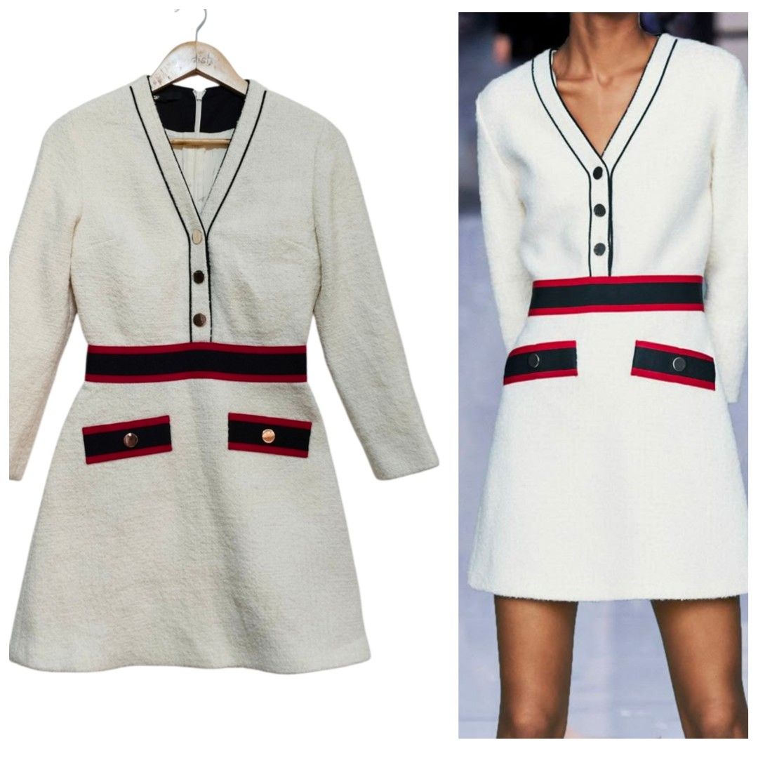 Maje Tweed mini dress (Category: Luxury Apparel) located in Caloocan City. Submitted by modishthriftstore (Listing ID 1464856585, Image 1). Description: @majeparis Rosine ivory tweed mini dress* red and black striped contrast trim and polished silver-tone buttons ❤Small S15. 5 B32-34 W24-26 L33.