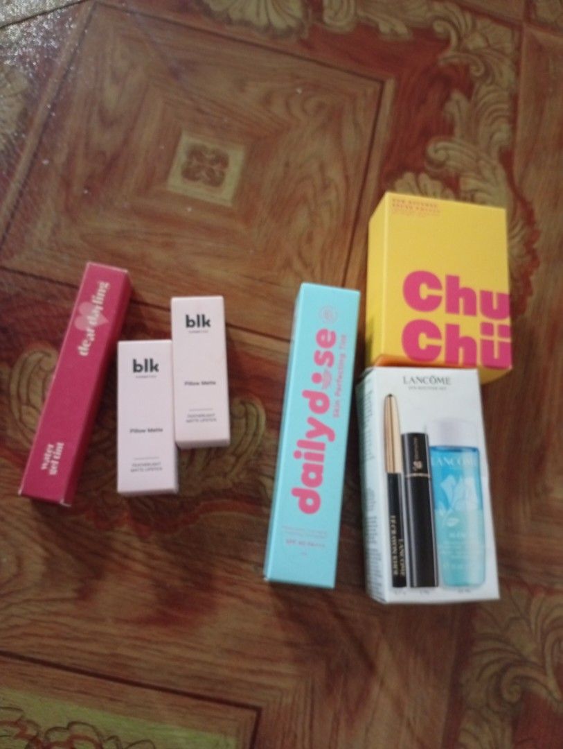 Makeup bundle (Category: Makeup) located in Quezon City. Submitted by purple_haven (Listing ID 1455530085, Image 1). Description: can be sold individually *chuchu beauty sunscreen( bnew ) -200 *lancome eye set ( bnew ) -200 * blk pillow matte lipstick in taffy and tides- 180 each (swatched) eb daily dose skin tint in shell (light warm) swatched- 150 *etude house dear darling gel tint in 04 plum red swatched - 120 * glad to glow berry peptide brig