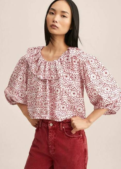 Mango Red And White Embroidered Top (Category: Blouses) located in Mabalacat. Submitted by designerbrandsforless (Listing ID 1464876257, Image 1). Description: Wear once only! Size: large.