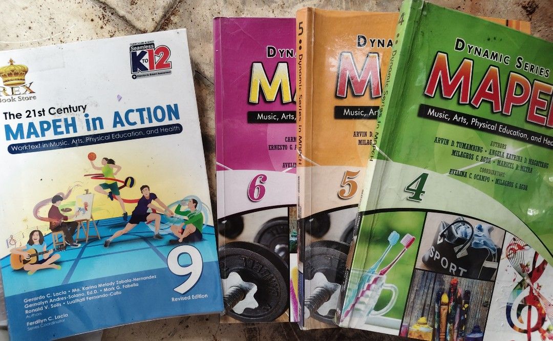 MAPEH Textbook Bundle Grades 4, 5, 6, and 9 (Category: Textbooks) located in Manila. Submitted by onlinestore011716 (Listing ID 1464850357, Image 1). Description: - 4-book MAPEH textbook bundle covering Grade levels 4, 5, 6, and 9 - Includes titles from the 21st Century MAPEH in Action and Dynamic Series - Comprehensive coverage of Music, Arts, Physical Education, and Health - Softcover editions published by Rex Book Store and trusted educational